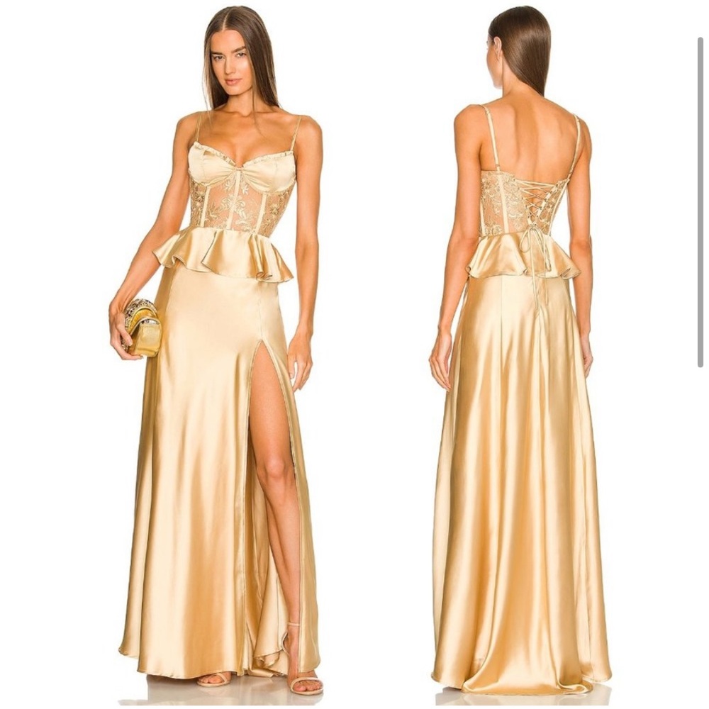 NEW V. Chapman Dianthus Dress Warm
Sand Gold Lace Satin Silk Maxi Gown 4
Small S